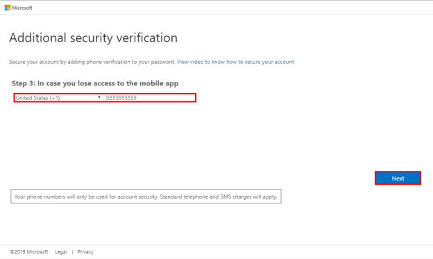 Additional security verification Page – Phone Verification