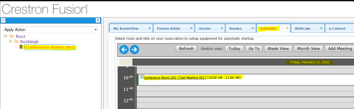 Crestron Fusion Calendar Showing Meeting
