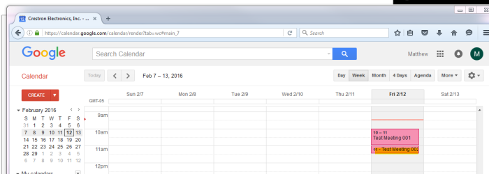Google Calendar Showing Meeting Created in Crestron Fusion