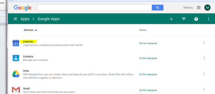 Google Apps Page - Calendar Link
