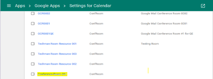 Settings for Calendar Page – Room Resource List