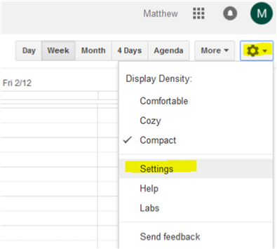 Gear Icon and Google Calendar Settings Link