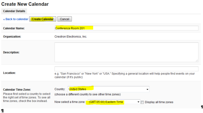 Create New Calendar Form