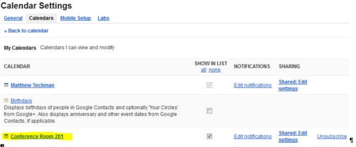 Calendar Settings Room List