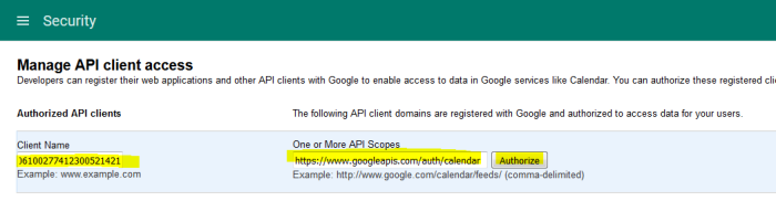 Manage API Client Access Page