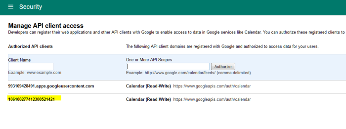 Manage API Client Access Page